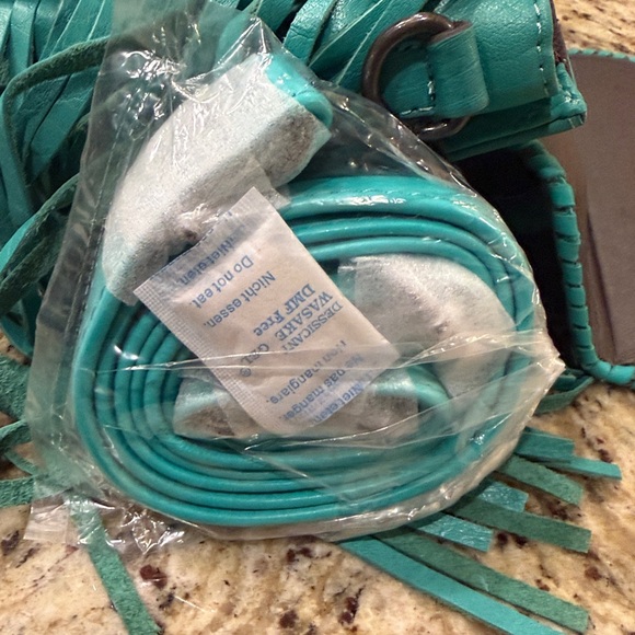 NWT  Teal Leather Fringe Cowhide Crossbody Bag with Turquoise Accent - Picture 8 of 14